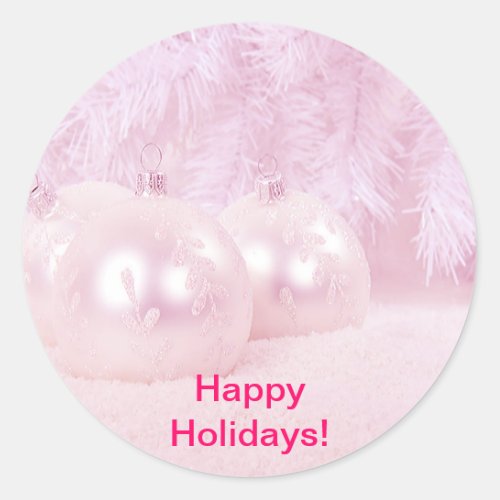 Pink Christmas Balls on Snow with Pink Background Classic Round Sticker
