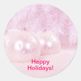 Pink Christmas Balls on Snow with Pink Background Classic Round Sticker