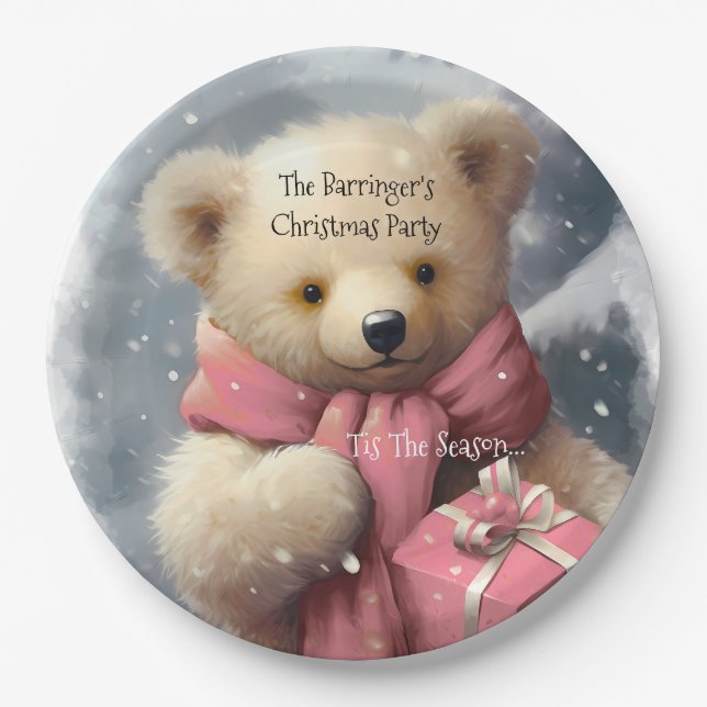 Pink Christmas Bear Annual Party  Paper Plates (Front)