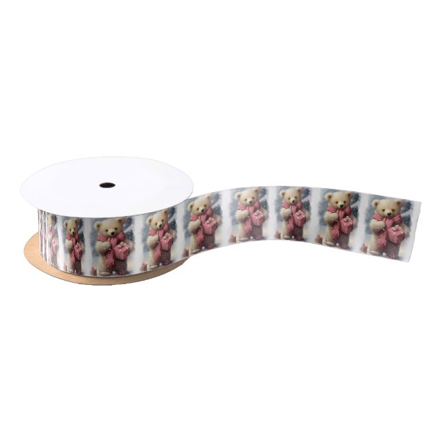 Pink Christmas Bear For Christmas 1.5 Satin Ribbon (Spool)