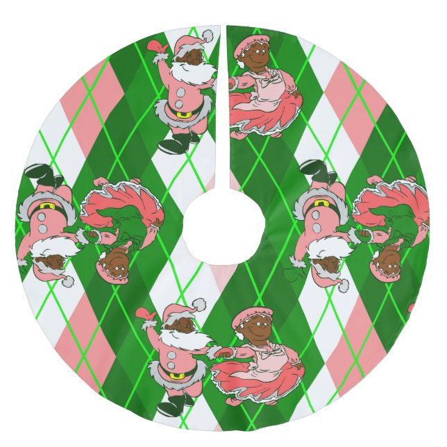 pink christmas black santa wife plaid  brushed polyester tree skirt (Front)