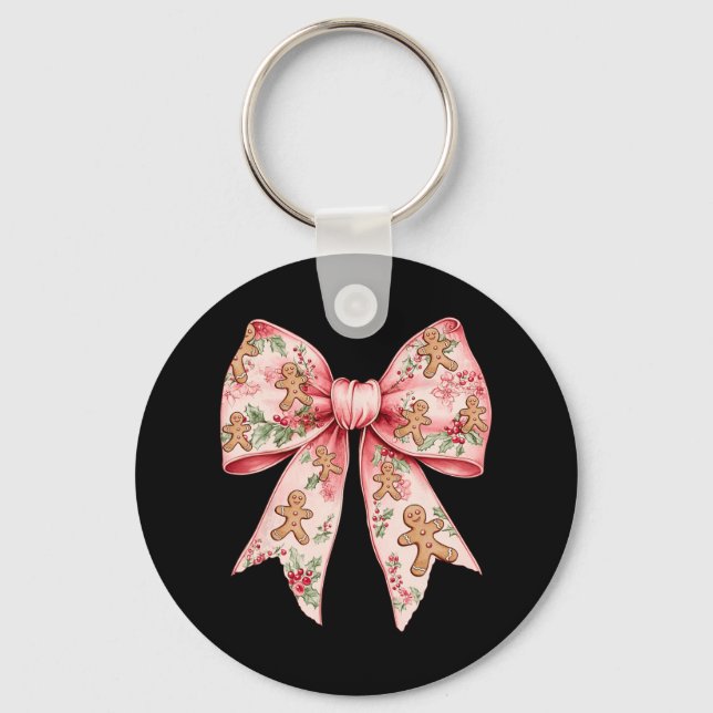Pink Christmas Bow Coquette Xmas Gingerbread Women Keychain (Front)