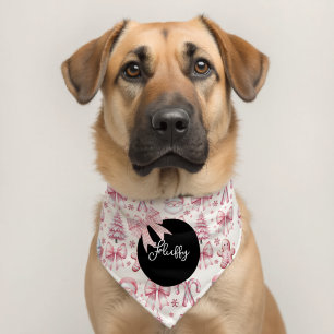 Pink Christmas Bow Pattern Name Pet Bandana Collar