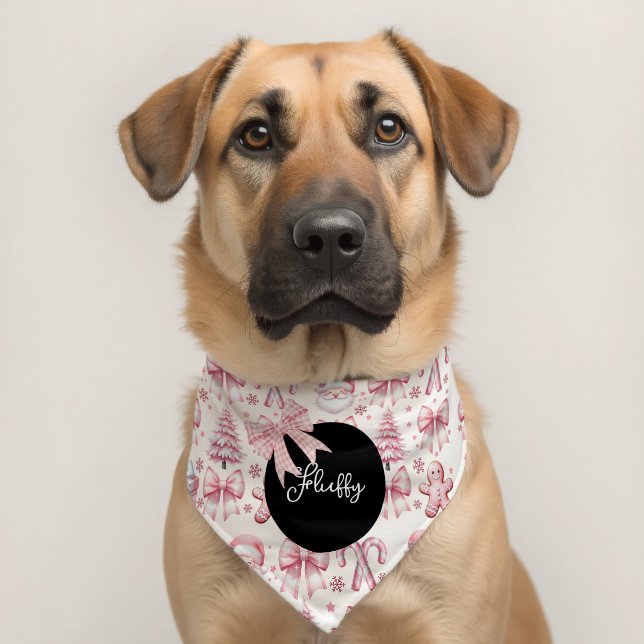 Pink Christmas Bow Pattern Name Pet Bandana Collar (Dog 2)