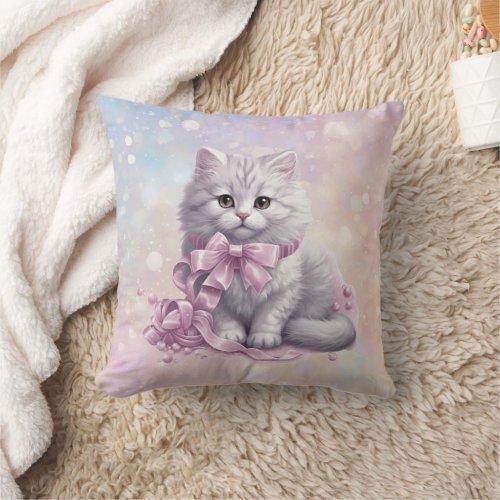 Pink Christmas Bow White Kitten Kids Throw Pillow