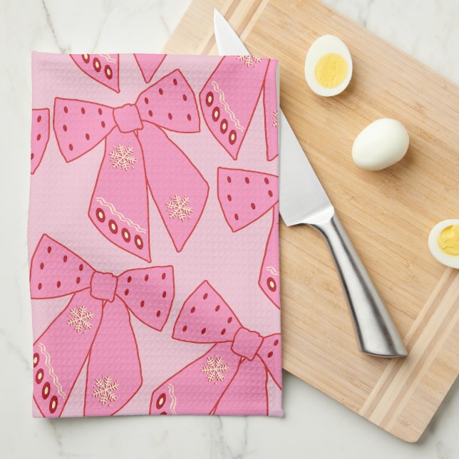 Pink Christmas Bows Kitchen Towel (Quarter Fold)