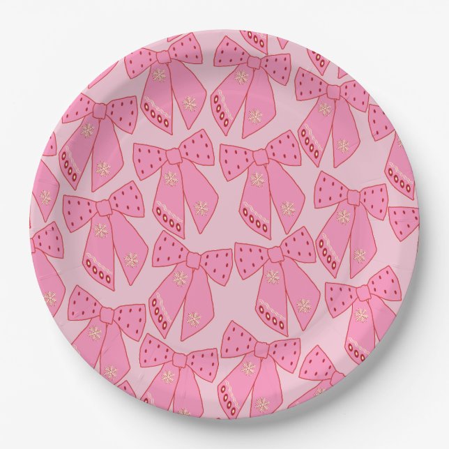 Pink Christmas Bows Paper Plates (Front)
