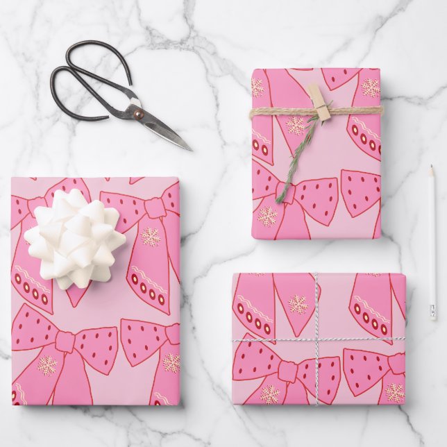 Pink Christmas Bows Wrapping Paper Sheets (Front)