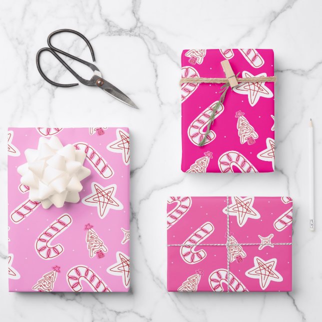 Pink Christmas- Candy Canes, Stars & Trees Pattern Wrapping Paper Sheets (Front)