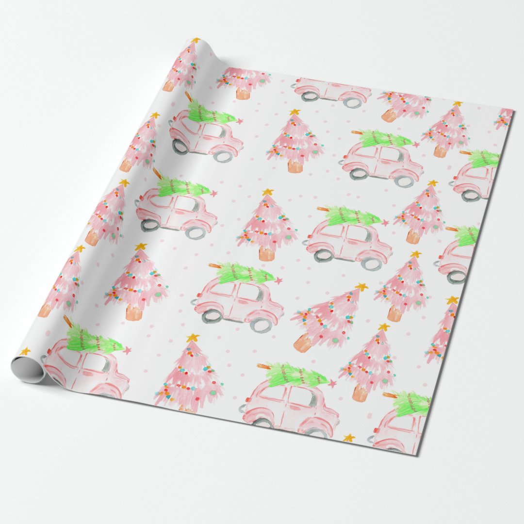 Pink christmas car holiday wrapping paper | Zazzle