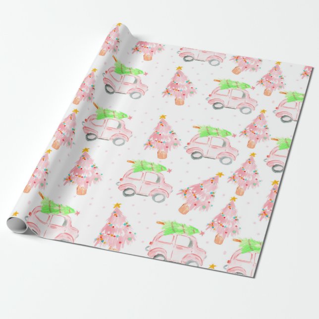 Pink christmas car holiday wrapping paper (Unrolled)