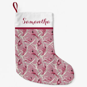 Pink Christmas Cardinal Birds Personalized Name Small Christmas Stocking