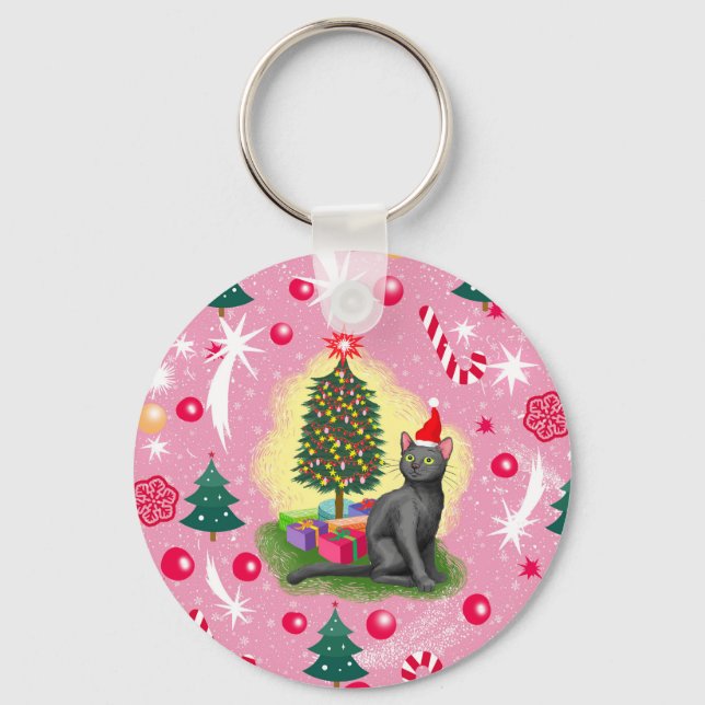 Pink Christmas Cat Keychain (Front)