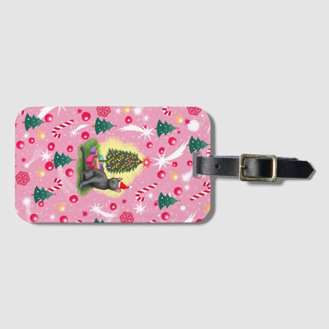 Pink Christmas Cat Luggage Tag (Front Horizontal)