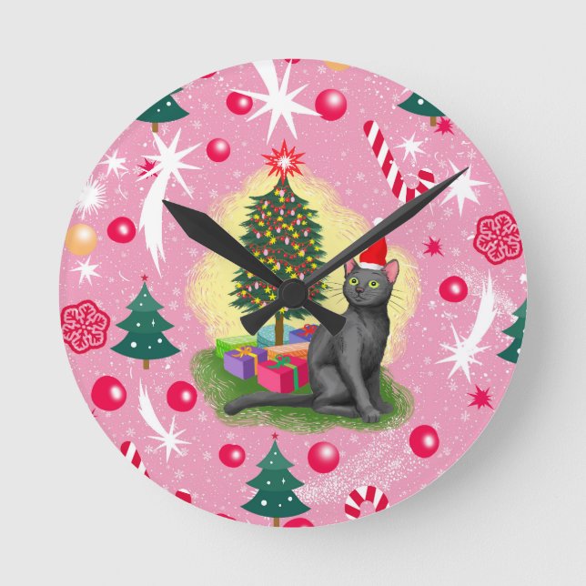Pink Christmas Cat Round Clock (Front)