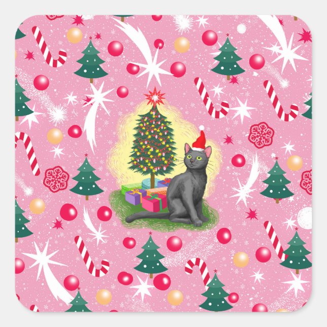 Pink Christmas Cat Square Sticker (Front)