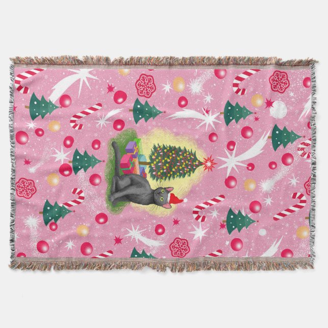 Pink Christmas Cat Throw Blanket (Front)