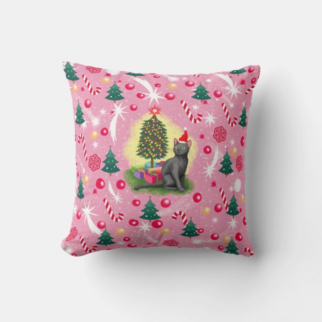 Pink Christmas Cat Throw Pillow (Front)