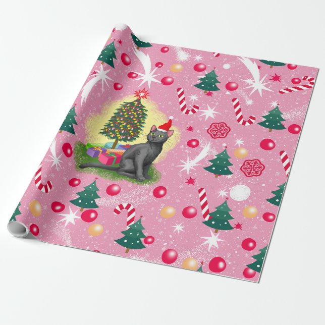 Pink Christmas Cat Wrapping Paper (Unrolled)