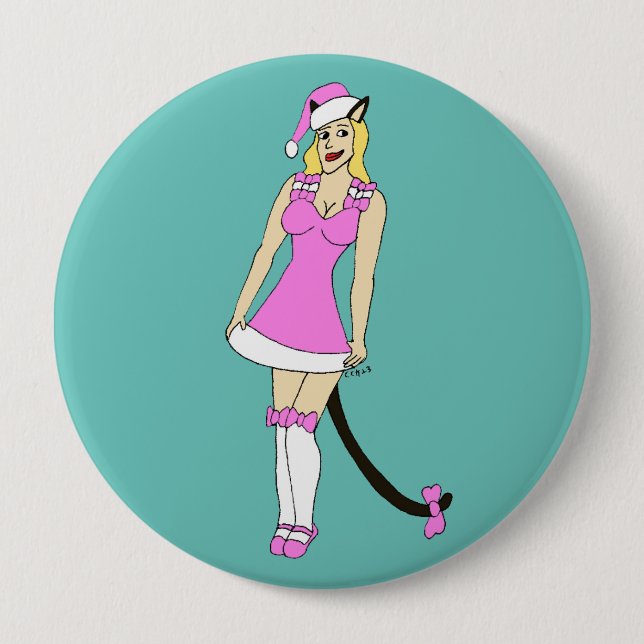 Pink Christmas catgirl Button (Front)