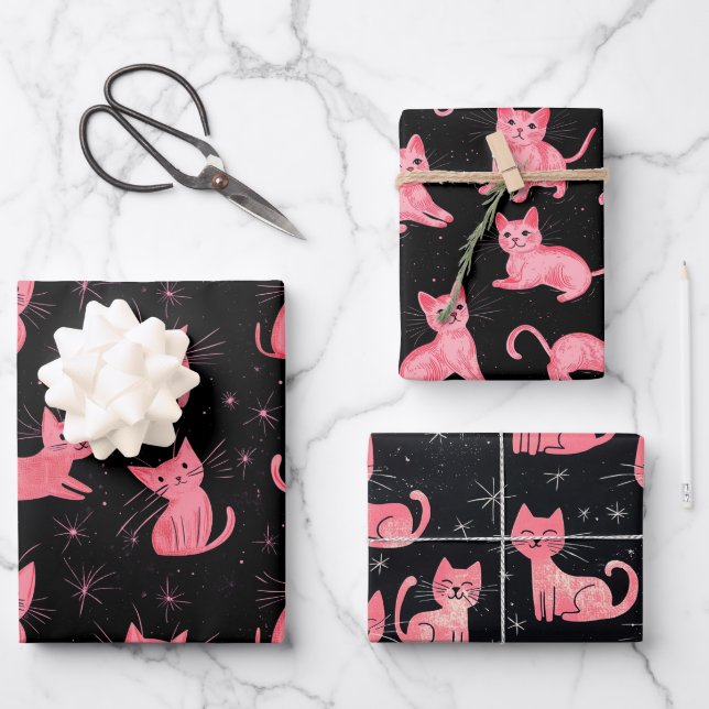 Pink Christmas Cats on Black Wrapping Paper Sheets (Front)