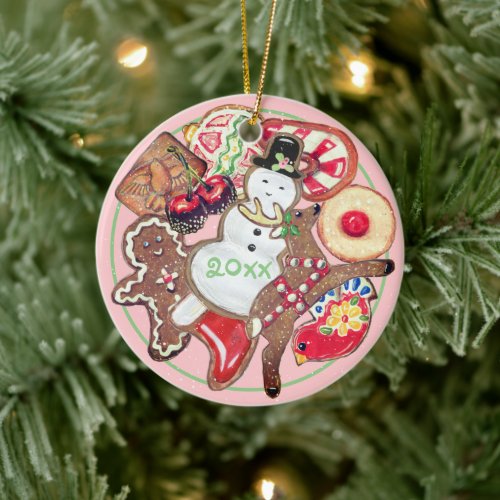 Pink Christmas Cookie Exchange Plate Date Name Ceramic Ornament