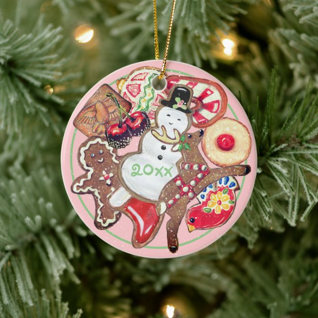 Pink Christmas Cookie Exchange Plate Date Name Ceramic Ornament (Tree)