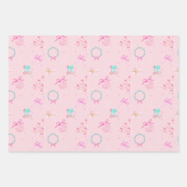 Pink Christmas Coquette Bow Seamless Pattern Wrapping Paper Sheets (Front)
