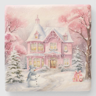 Pink Christmas Country Cottage Stone Coasters