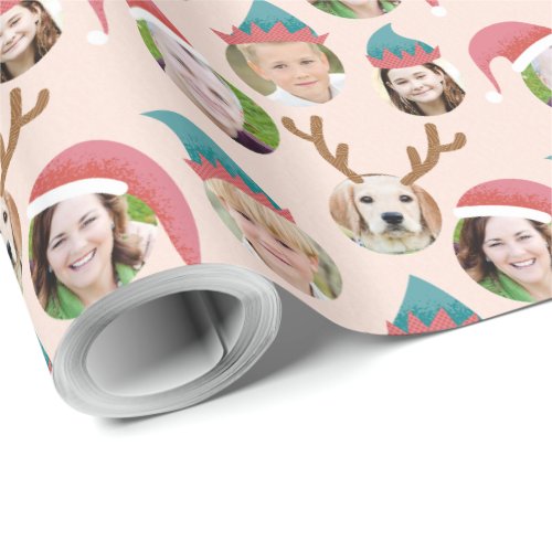Pink Christmas Crew Custom Six Photo Funny Holiday Wrapping Paper