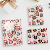 Pink Christmas Crew Three Photo Custom Wrapping Paper Sheets