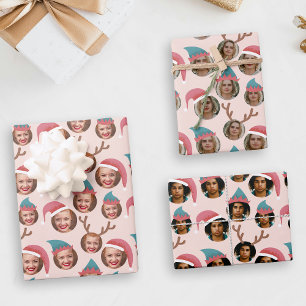 Pink Christmas Crew Three Photo Custom Wrapping Paper Sheets