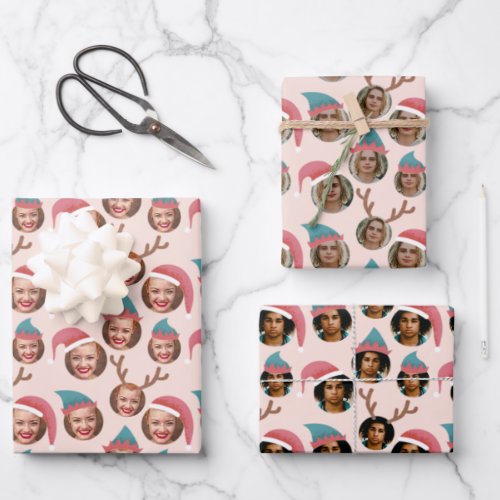 Pink Christmas Crew Three Photo Custom Wrapping Paper Sheets