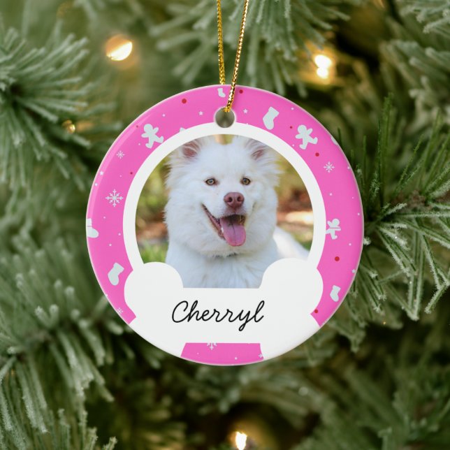 pink christmas Custom Dog Photo  Ceramic Ornament (Tree)