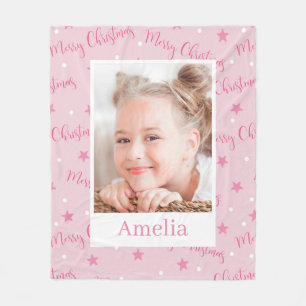 Pink Christmas Custom Photo Girl Fleece Blanket