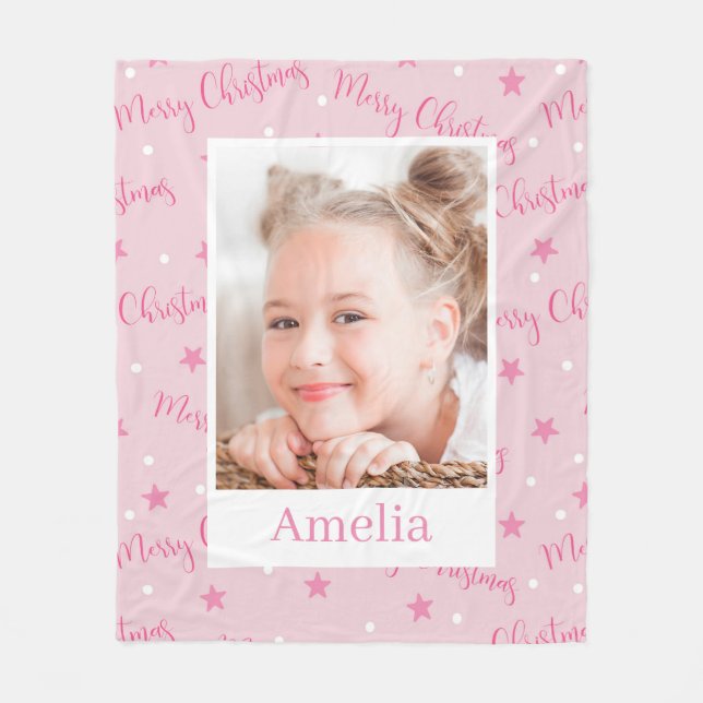 Pink Christmas Custom Photo Girl Fleece Blanket (Front)