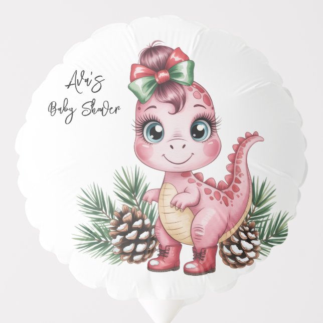 Pink Christmas Dino Girl Baby Shower Balloon (Front)
