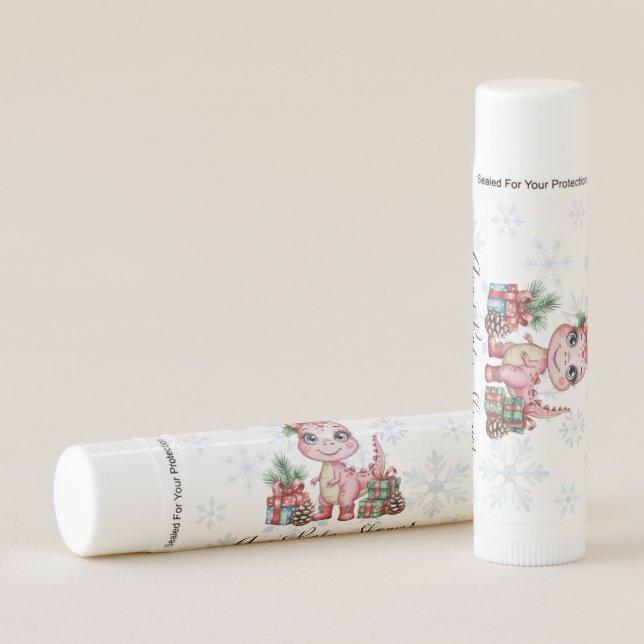 Pink Christmas Dino Girl Baby Shower Favor Lip Balm (Front)