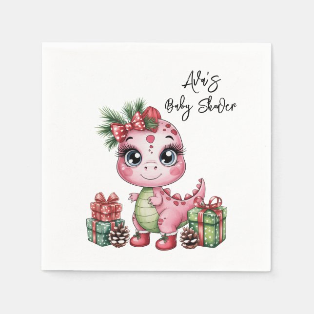 Pink Christmas Dino Girl Baby Shower Napkins (Front)