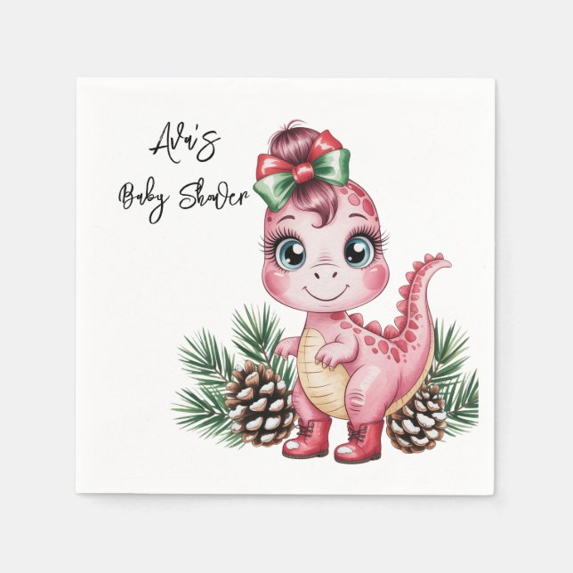 Pink Christmas Dino Girl Baby Shower Napkins (Front)