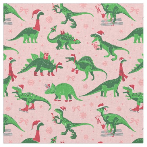 pink christmas dinosaurs stegosaurus triceratops  fabric
