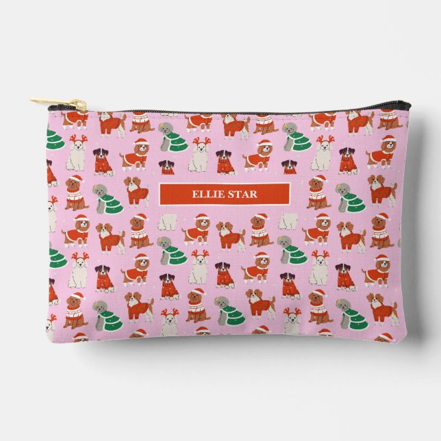 Pink Christmas Dogs Girl Personalized Cosmetic Bag (Front)
