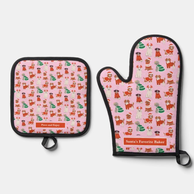 Pink Christmas Dogs Girl Personalized Oven Mitt & Pot Holder Set (Front)