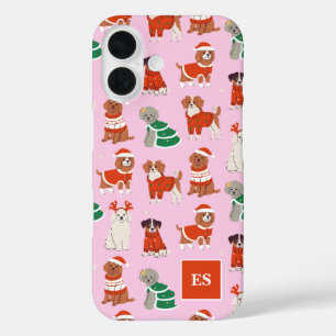 Pink Christmas Dogs Personalized Girl Monogram iPhone 16 Case