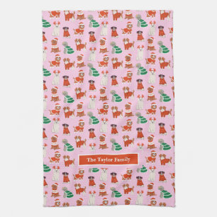 Pink Christmas Dogs Personalized Kitchen Towel