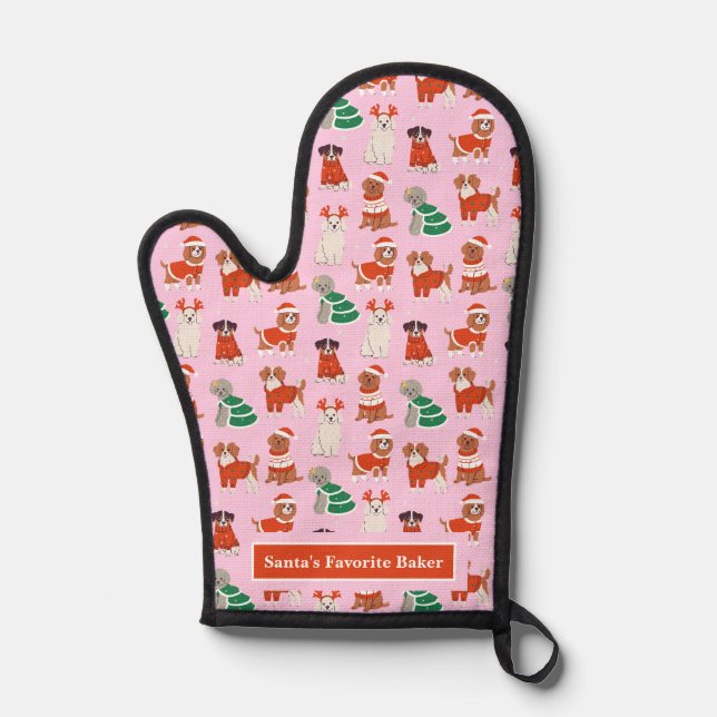 Pink Christmas Dogs Personalized Oven Mitt (Front)