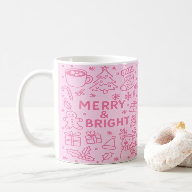 Pink Christmas Doodle | Holiday Cheer Coffee Mug (With Donut)