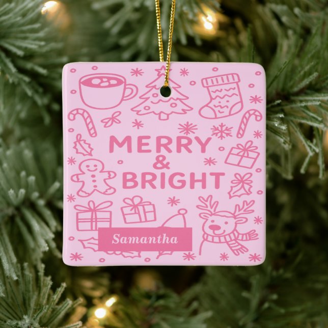 Pink Christmas Doodle | Merry & Bright Ceramic Ornament (Tree)