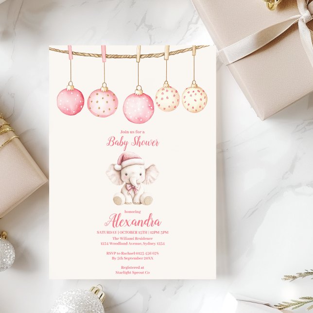 Pink Christmas Elephant Baby Shower Invitation (Creator Uploaded)