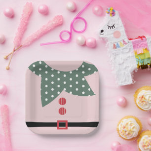 Pink Christmas Elf Suit Holiday Party Paper Plates